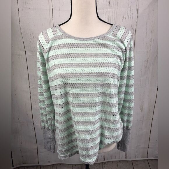 Calvin Klein Performance Quick Dry Green Grey Stripes Mesh Pullover Thumb Holes - Picture 1 of 7